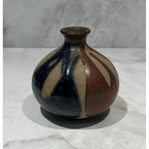 OMC Japan Studio Pottery Bud Vase Red Blue Drip Glaze Mid Century VTG 3" 1960s
